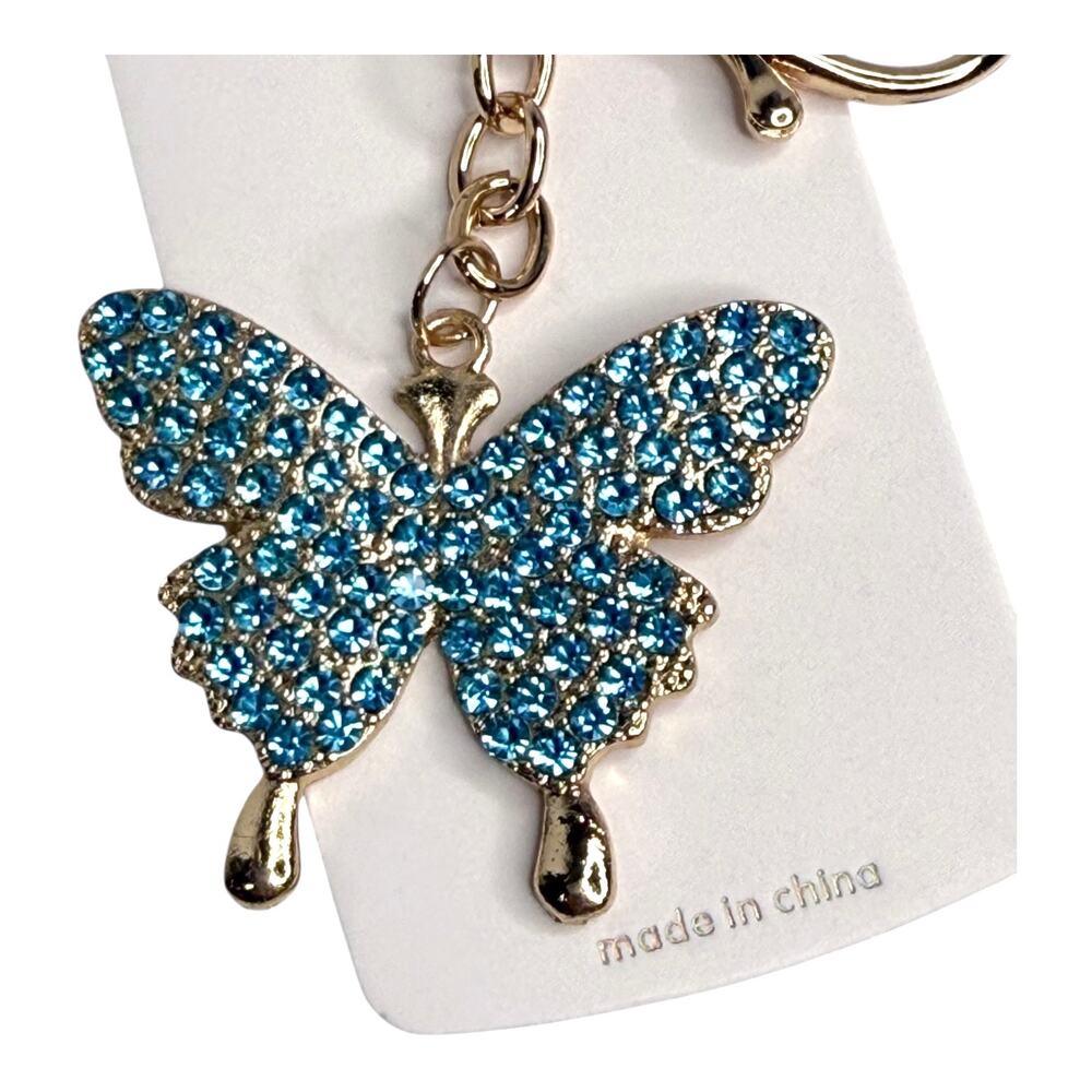 Mint Rhinestone Butterfly Bag Charm Blue Crystal Key Chain Ring Backpack Purse - Picture 2 of 5